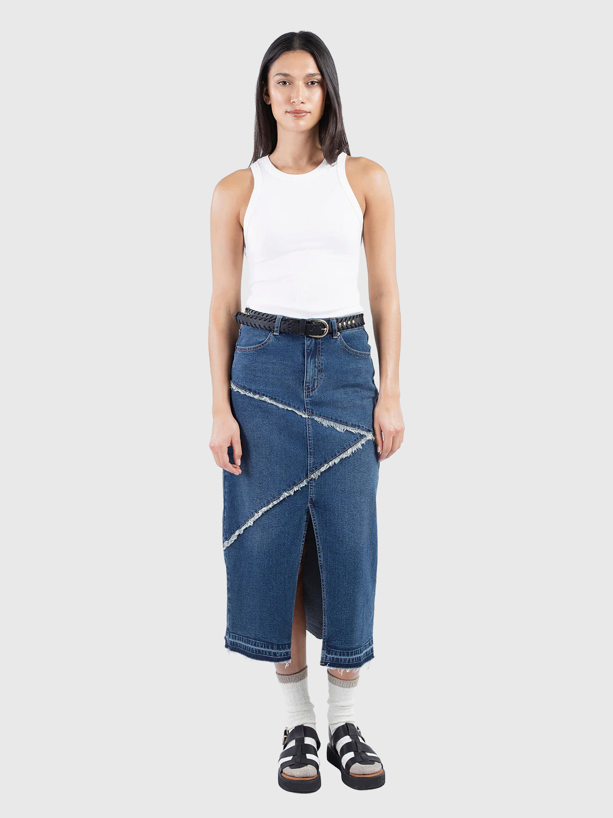 Raw edge denim skirt
