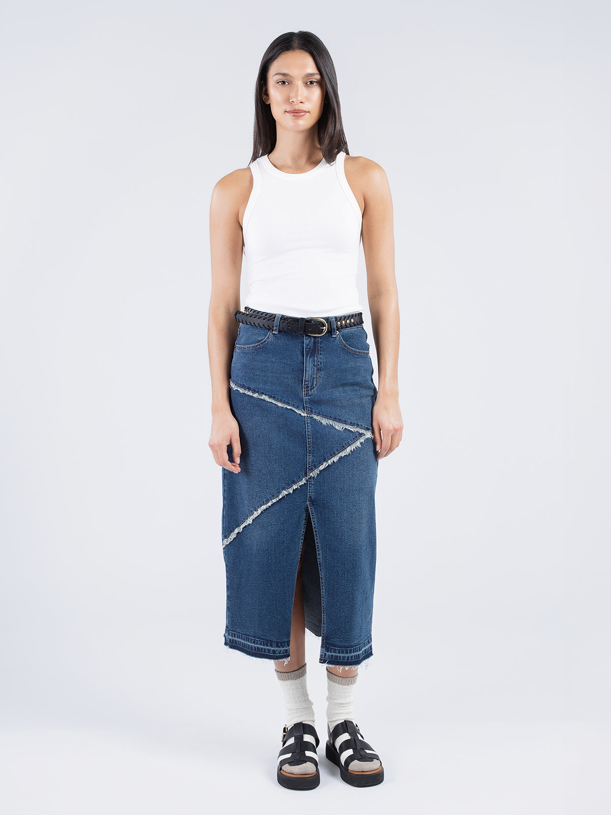 Raw edge denim skirt