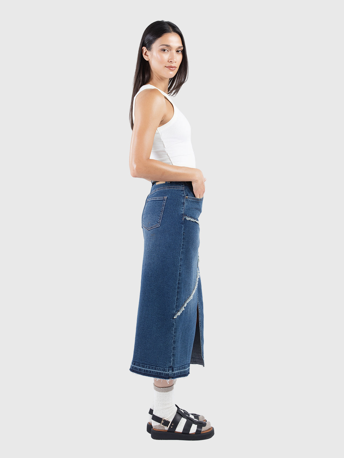 Raw edge denim skirt