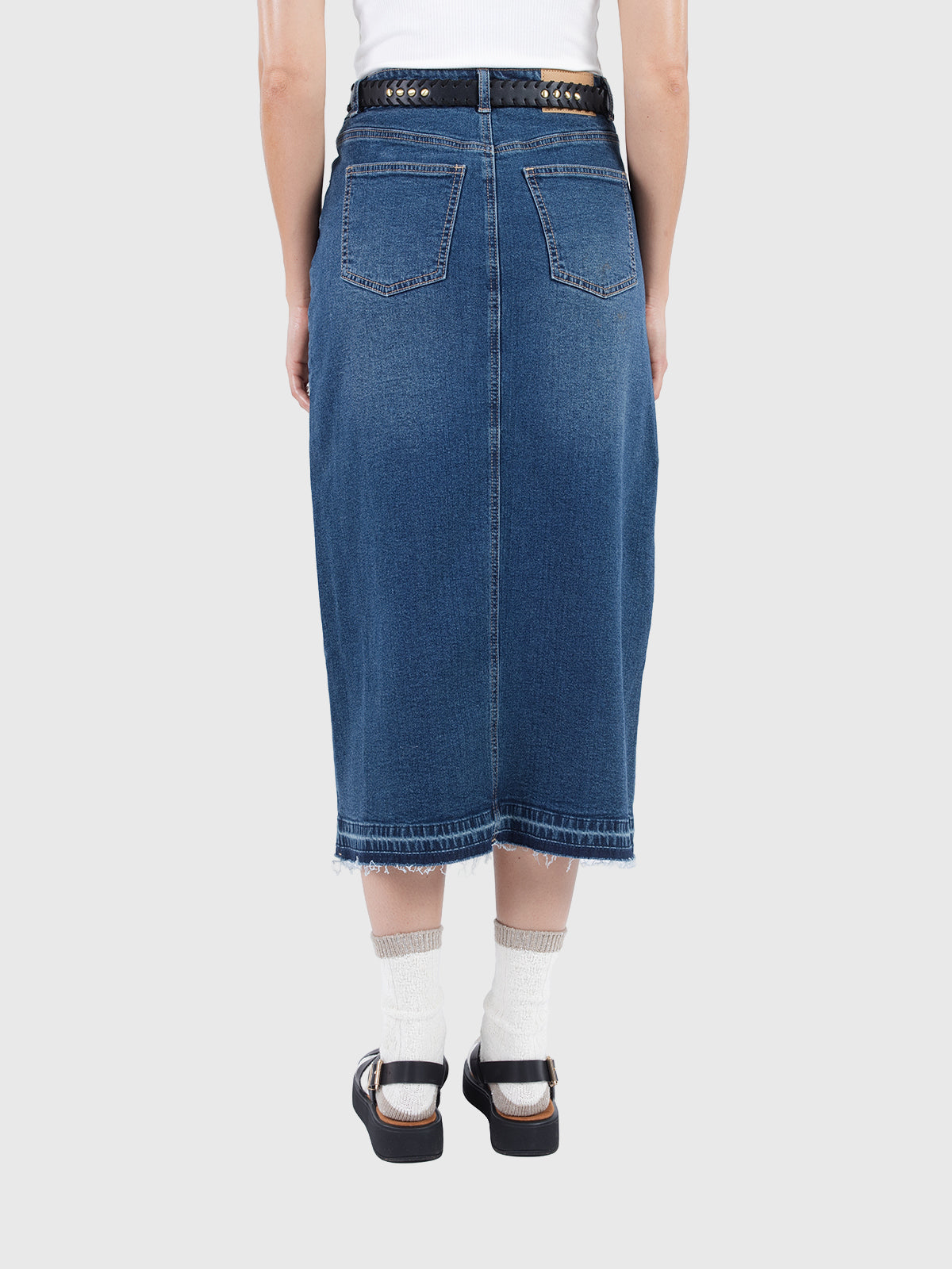 Raw edge denim skirt