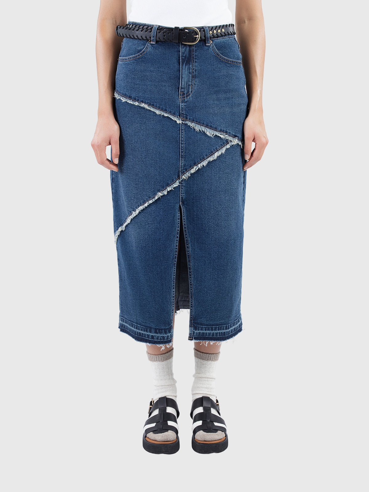 Raw edge denim skirt