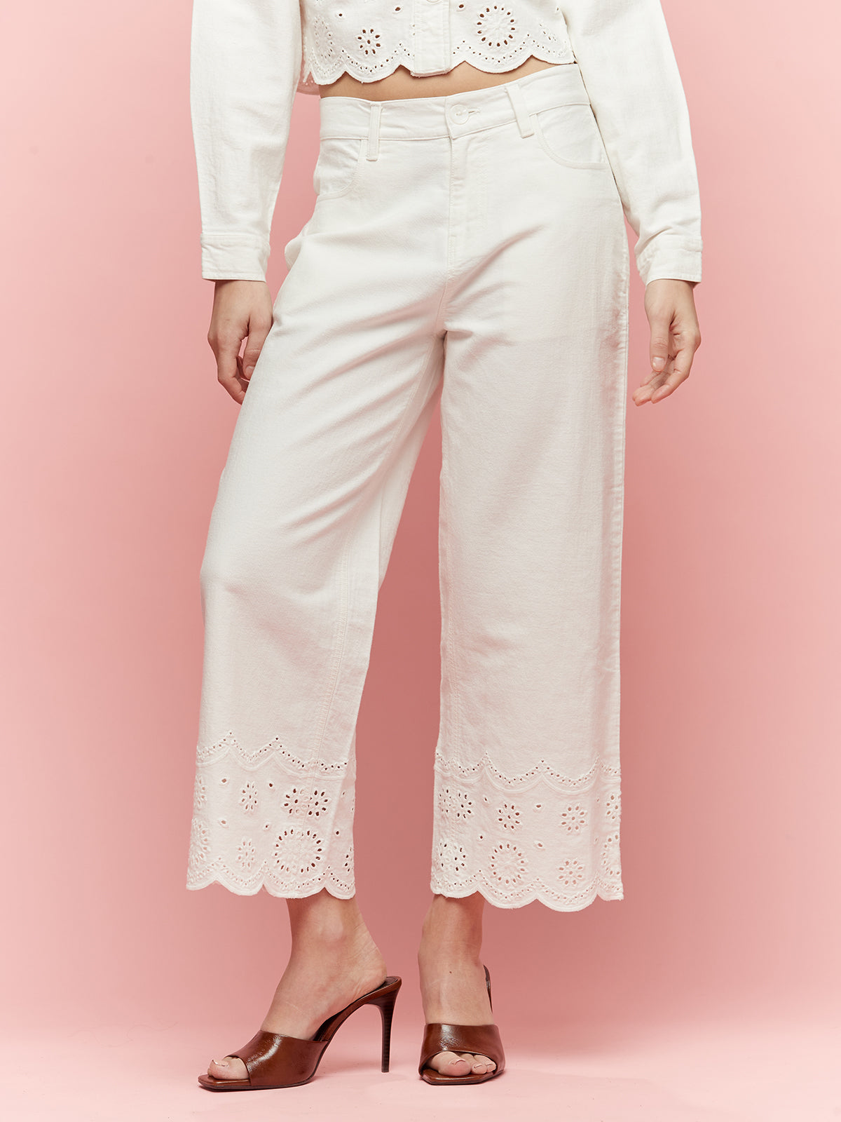 Wide-leg cropped pants with embroidered trim