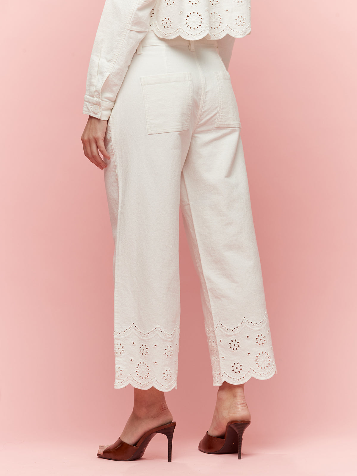 Wide-leg cropped pants with embroidered trim