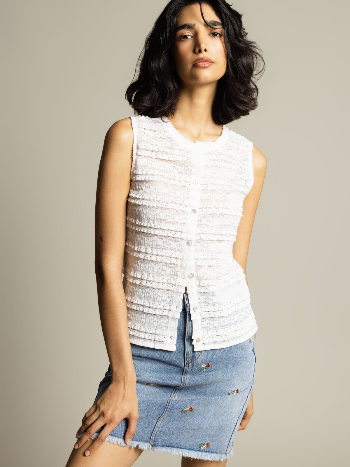 Button-up lace tank top