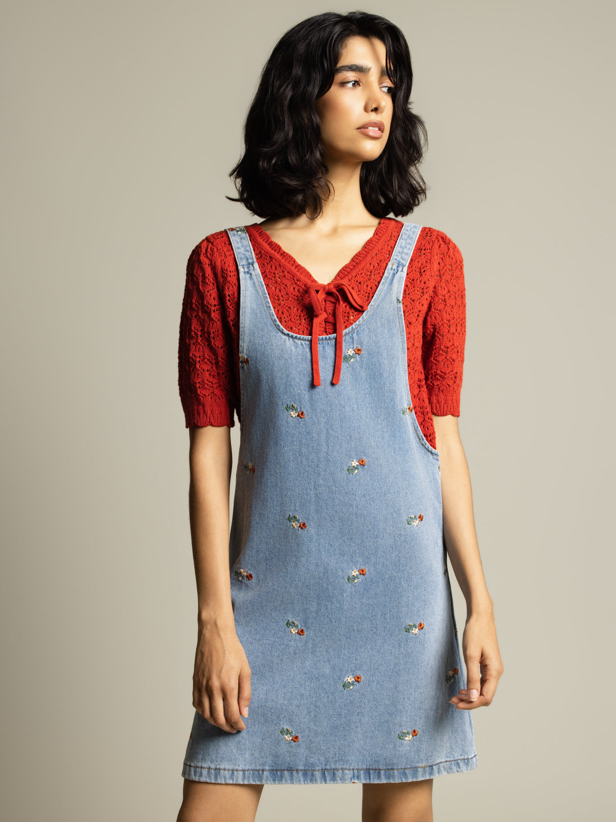 Robe chasuble denim brodée