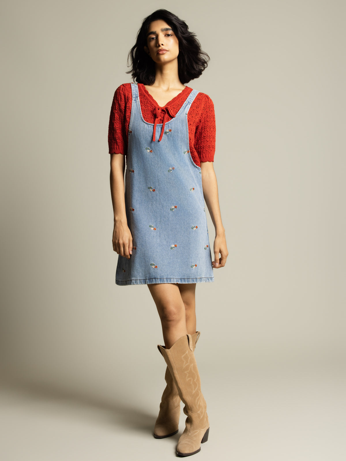 Robe chasuble denim brodée