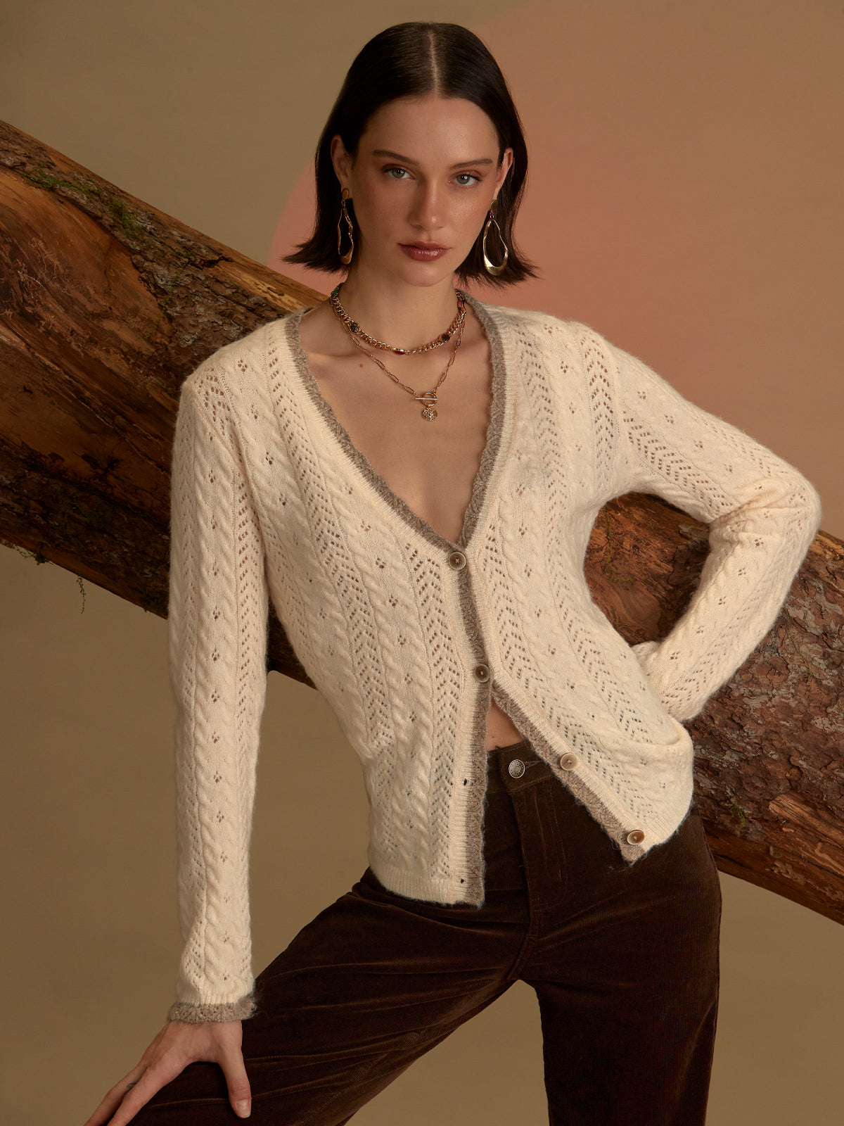 Cable contrast tipping cardigan