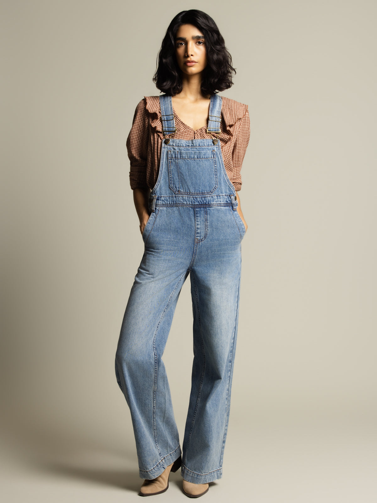 Wide-leg denim overalls