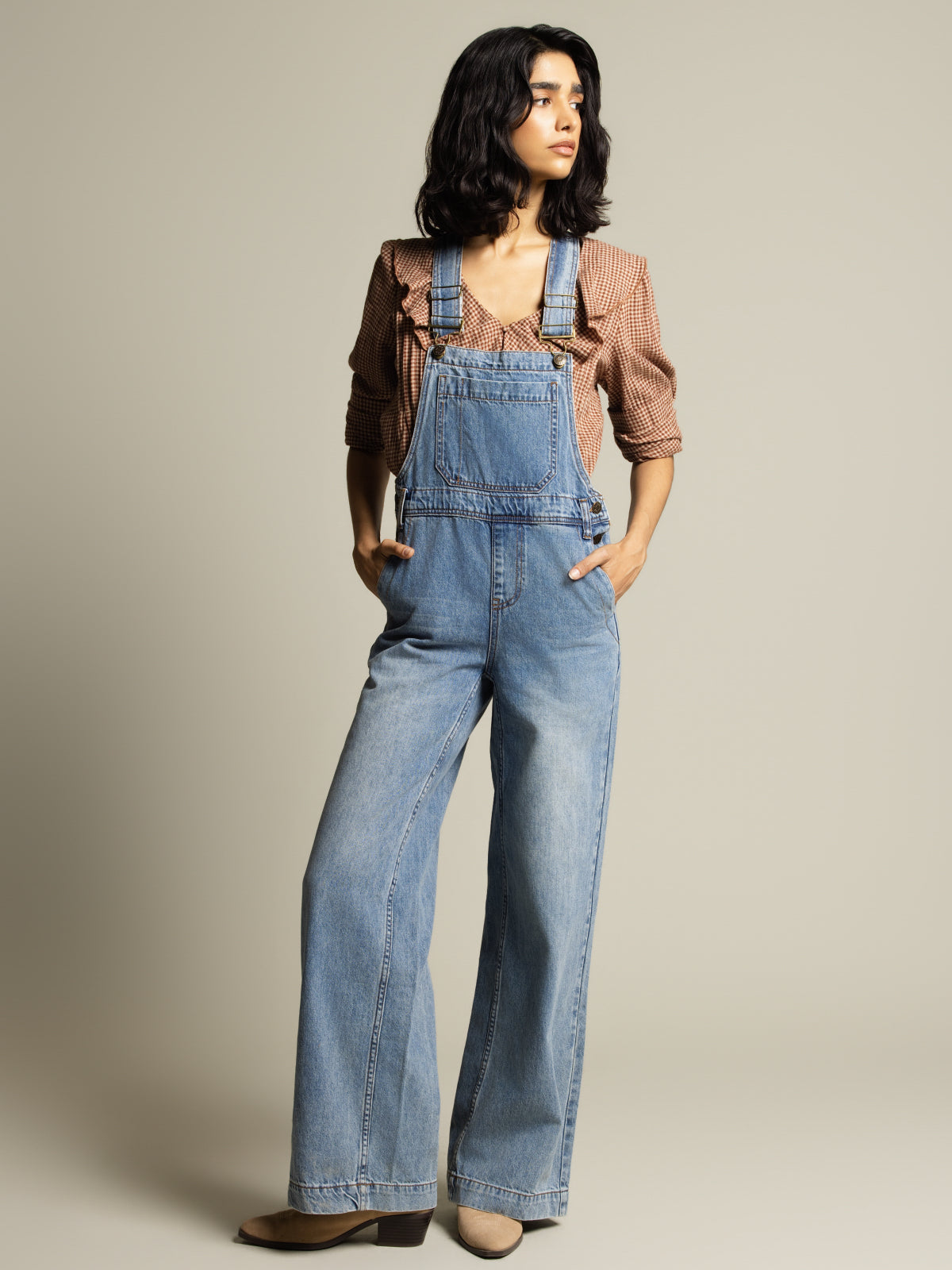 Wide-leg denim overalls